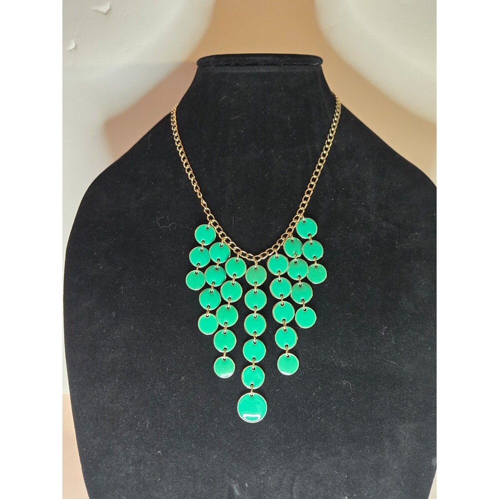 Gold Tone Necklace with Enamel Green Circles in Layers